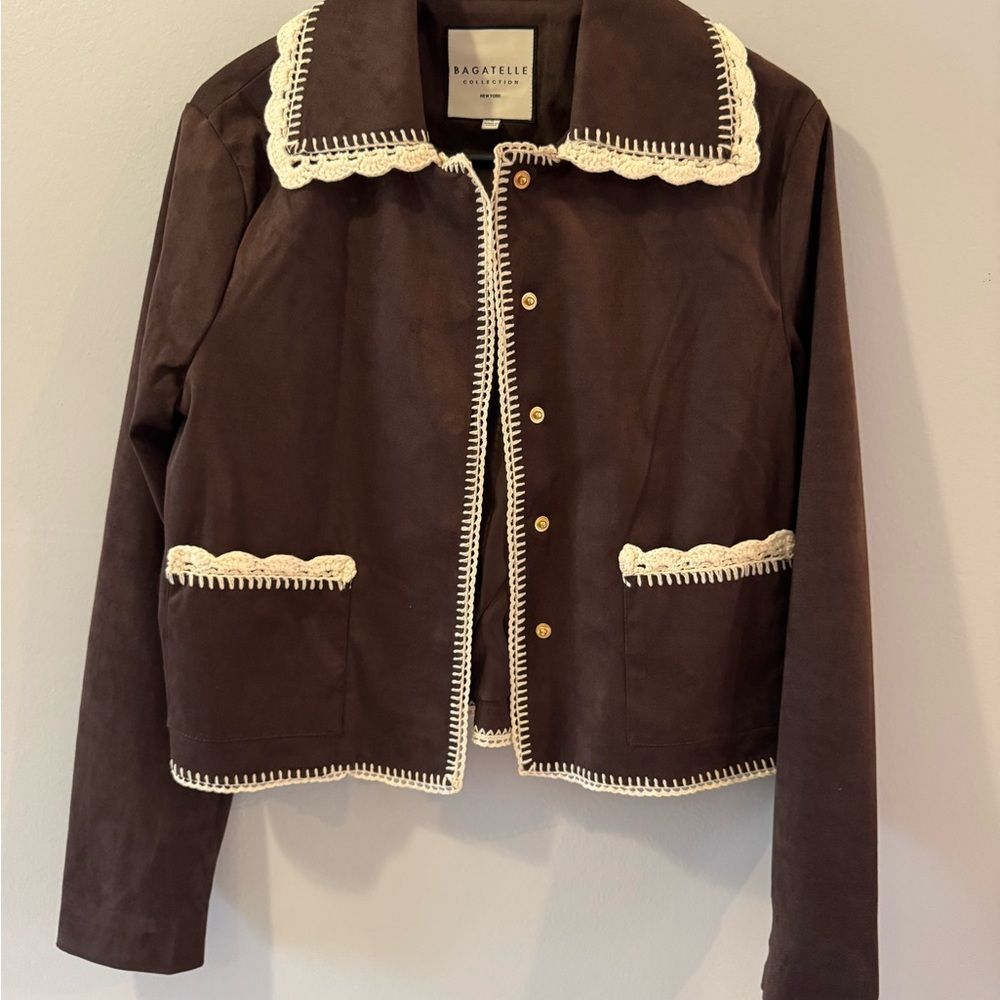 bagatelle Dark Brown Suede Jacket with Cream Trim